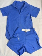 Vintage 1940s 1950s Cotton Two Piece Swimsuit Blue Beach Set Shorts Top
