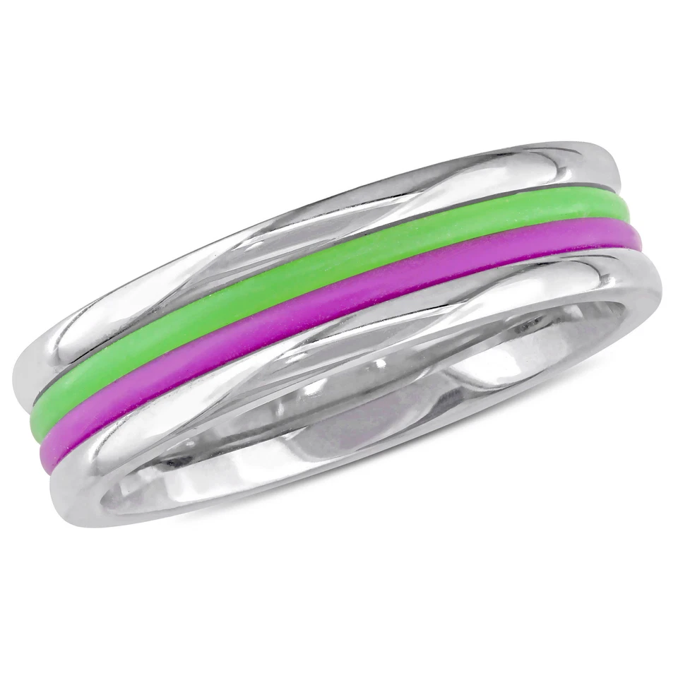 Amour Stainless Steel with Purple & Green Material Stipes 6mm Band Ring