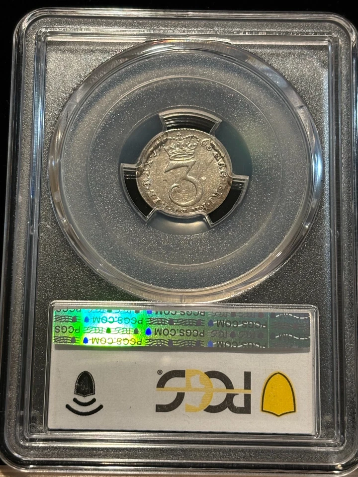 GREAT BRITAIN 3 Pence 1763/5 Overdate, PCGS AU53 About UNC, 2nd Finest Rare. K8 - Image 4 of 4