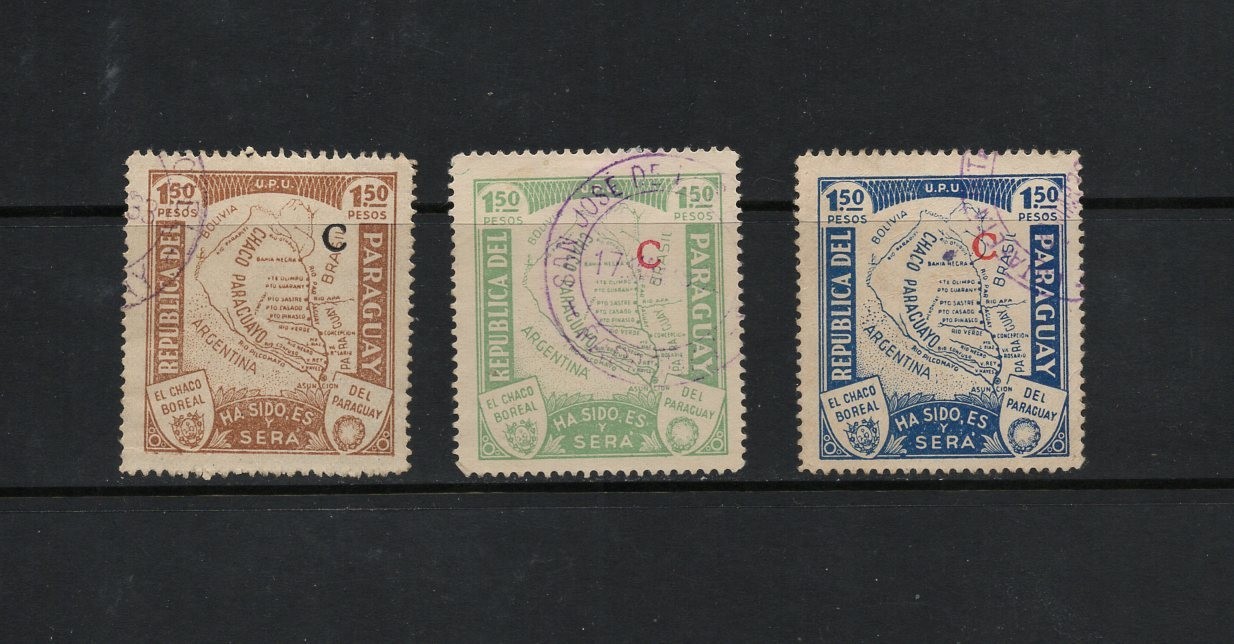 T0165 Paraguay  1932/6 maps, Gran Chaco  INTERIOR OFFICE OVERPRINTED  3v.   used