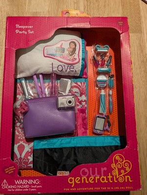 Our Generation 18'' Doll Sleepover Party Set Pillow Sleeping Bag Pink Teal (NEW)