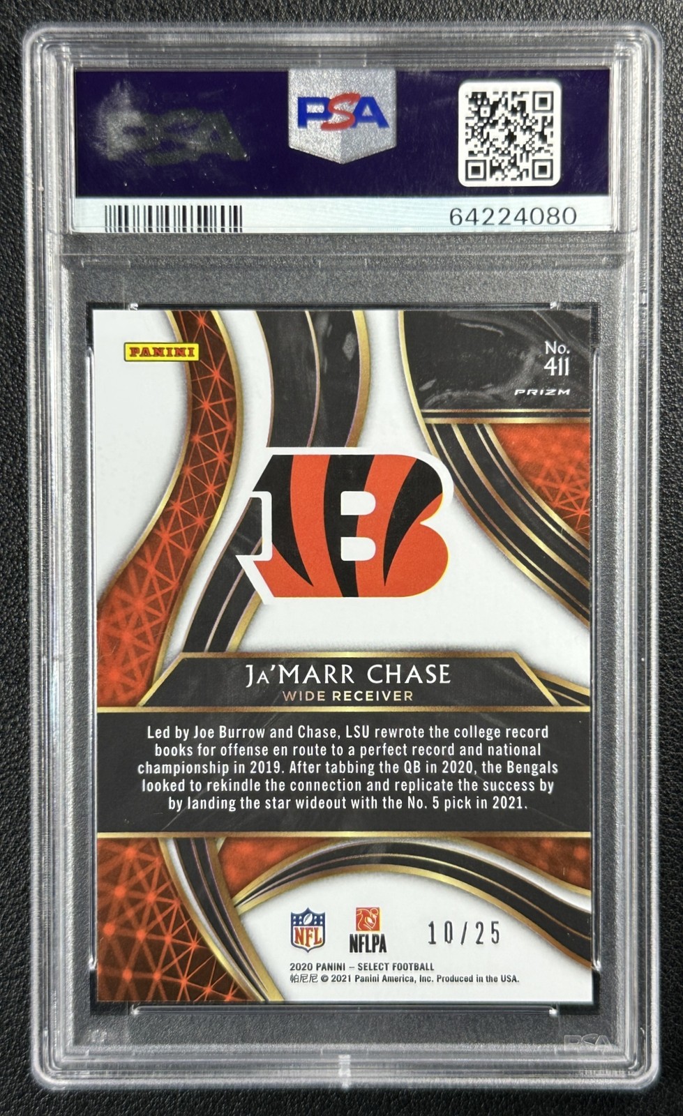 JA'MARR CHASE PSA 10 2020 PANINI SELECT #411 ROOKIE TIE-DYE PRIZM RC XRC 10/25 view 2