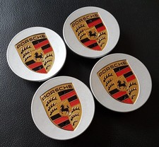 4 Porsche Silver Center Caps Concave 76mm Royal Crest 992 Cayenne 911 Carrera