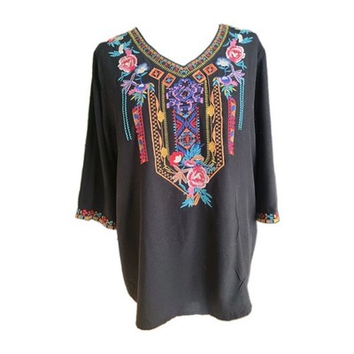 Bluse Damen Gr. M Bluse 3/4 Ärmel bestickt Etnic Blumen schwarz Sommer. 