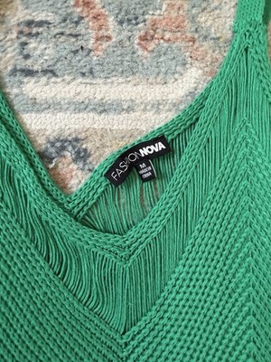 Fashion Nova Green Cotton Knit Chevron Bodycon Dress Long Strappy Fringe M  | eBay