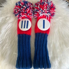 Vintage Retro 70’s 80’s Red White Blue Pom-Pom Knit Golf Club Head Covers