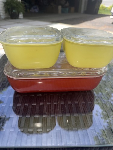 Vintage Jeanette Glass Refrigerator Dishes Set 3 Ruffled Lids Primary Colors MCM