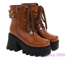 Women's Lace Up Platform High Heels Ankle Boots Casual Punk Outdoor Gothic Shoes