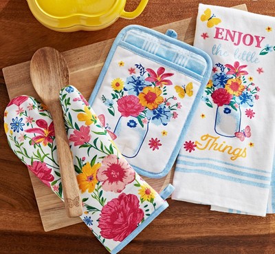 Pioneer Woman Flowering Frontier Kitchen Towel Oven Mitt Pot Holder Set 3-Pc NEW