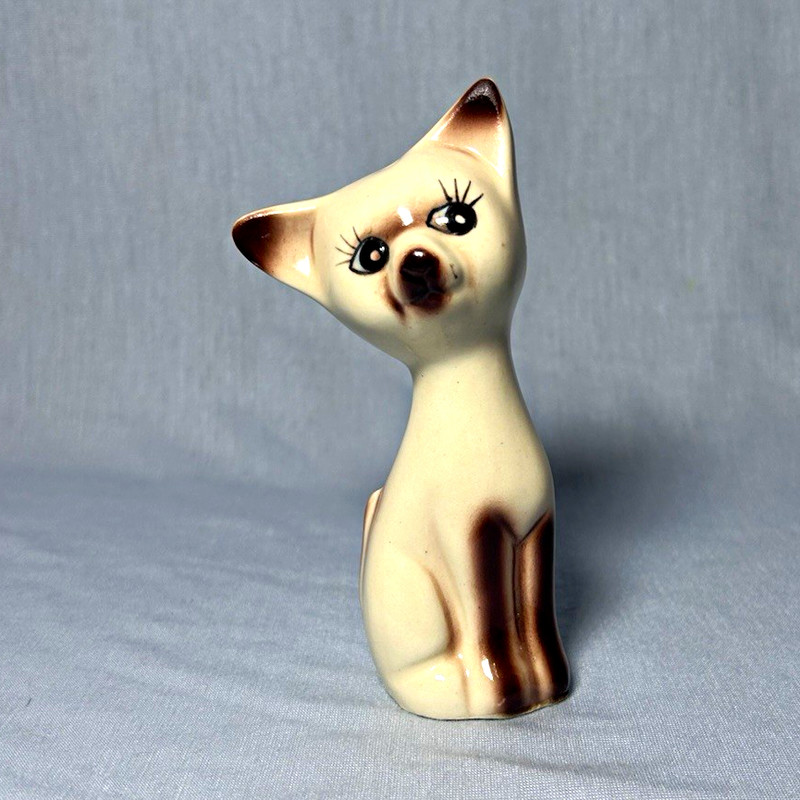 Vintage Porcelain Cat Figurine Sitting Kitten White & Brown with Painted Face