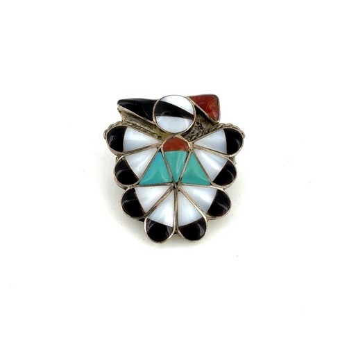 Thunderbird Zuni Inlay Pendant Turquoise Multi Stone Sterling Pin Brooch