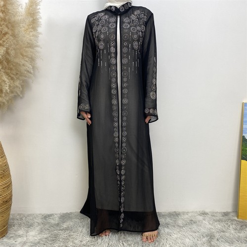 Elegant Dubai Chiffon Diamond Cardigan Dress Muslim Abaya Kaftan African Clothes - Picture 21 of 43