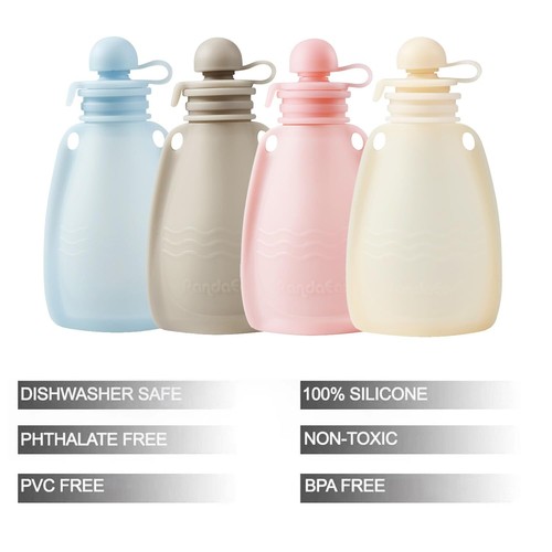 PandaEar Wiederverwendbare Silikon Babybrei Beutel 4 Stück Quetschbeutel 5,5 oz - Bild 2 von 6