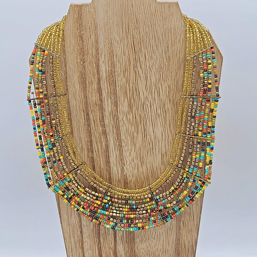Layered Yellow, Gold & Multi-Color Sead Bead Statement Necklace, 18", Adjustable - Picture 2 of 9