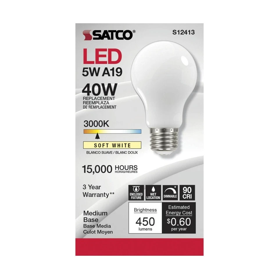 Satco S12413 - 5 Watt LED A19 Soft White LED Bulbs - 3000K - 120 Volt (6 pack) - Image 2 of 4