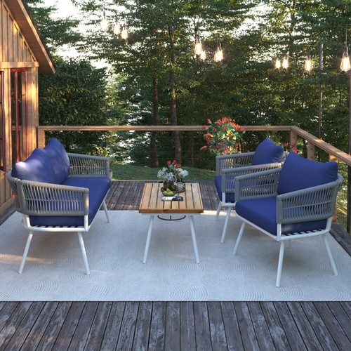 4-Piece Boho Rope Patio Furniture Set with Acacia Wood Table & Thick Cushions