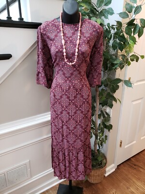 LOFT Womens Burgundy Floral 100% Rayon Crew Neck Long Sleeve Long Maxi  Dress 16