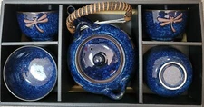 Japan Made  Dragonfly Midnight Blue 20oz Porcelain Tea Pot & Cups Set