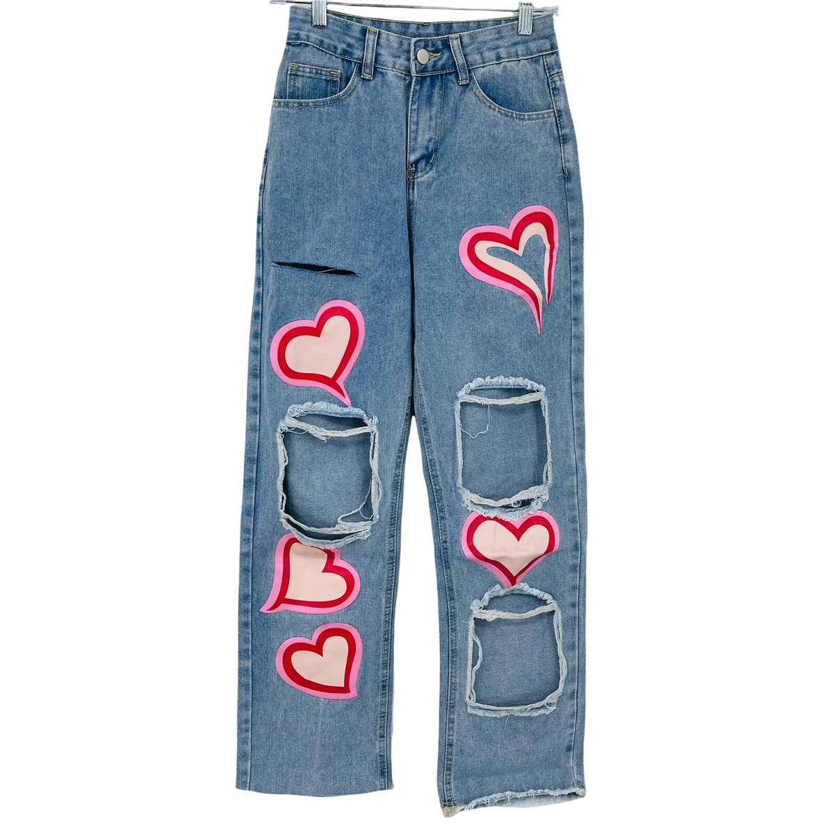 Heart High Rise Mom Jeans Blue Distressed Ripped Holes Frayed Hem