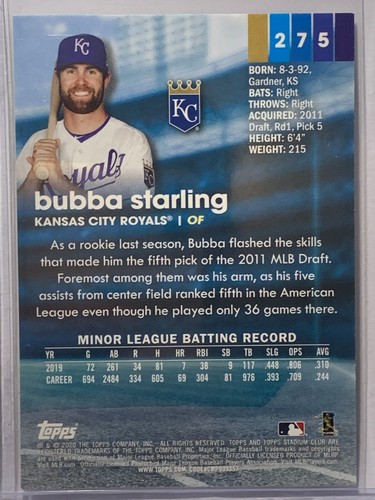 Bubba Starling - 2020 Topps Stadium Club #275 RC Rookie Kansas City Royals (i29) - Picture 2 of 2