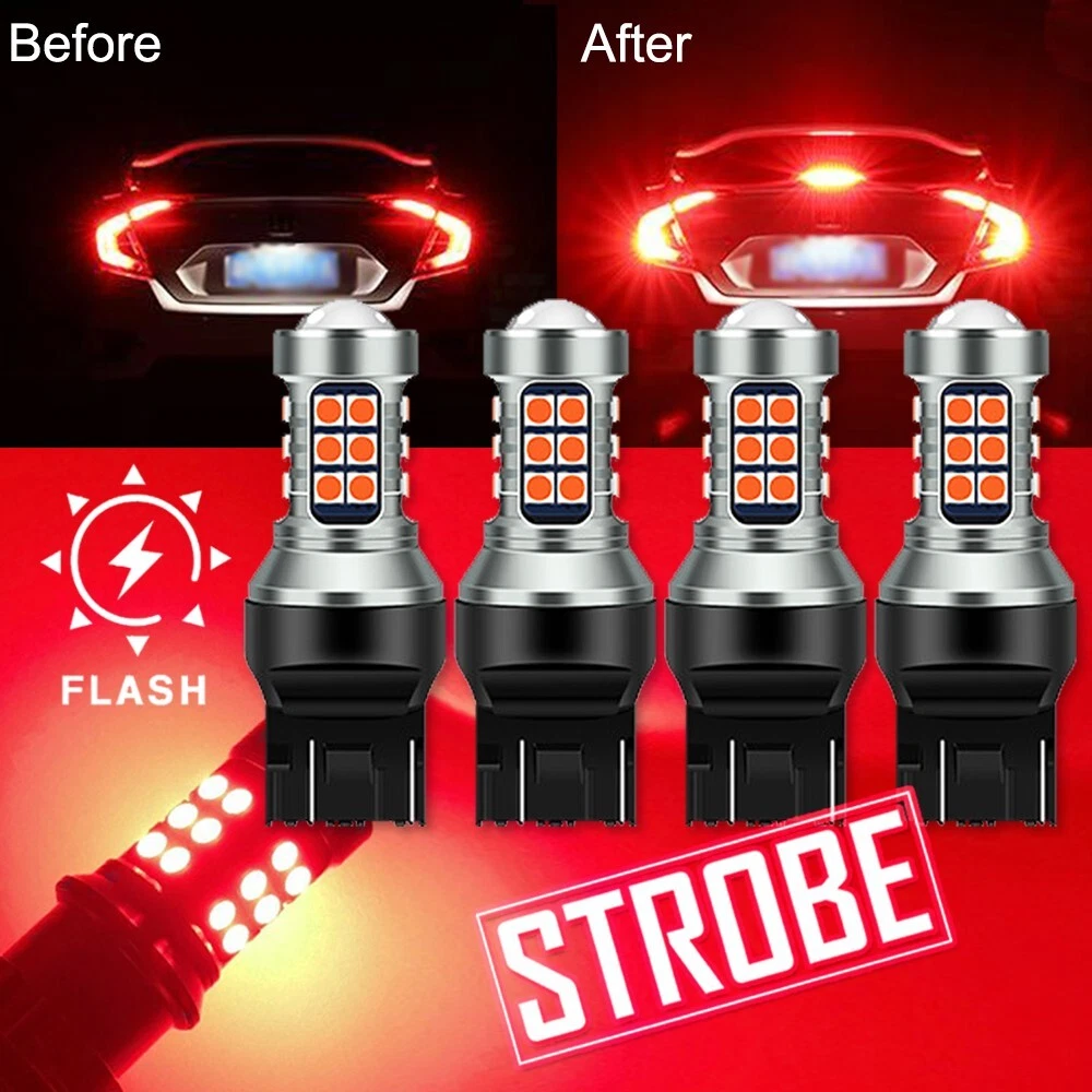 4PCS 7443 7440 LED Red Strobe Flash Blinking Brake Stop Tail