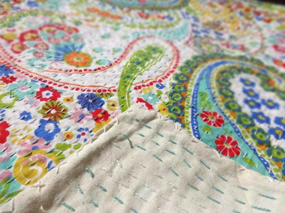 Edredón edredón de algodón hecho a mano Kantha floral indio queen/doble Foto 2 de 4