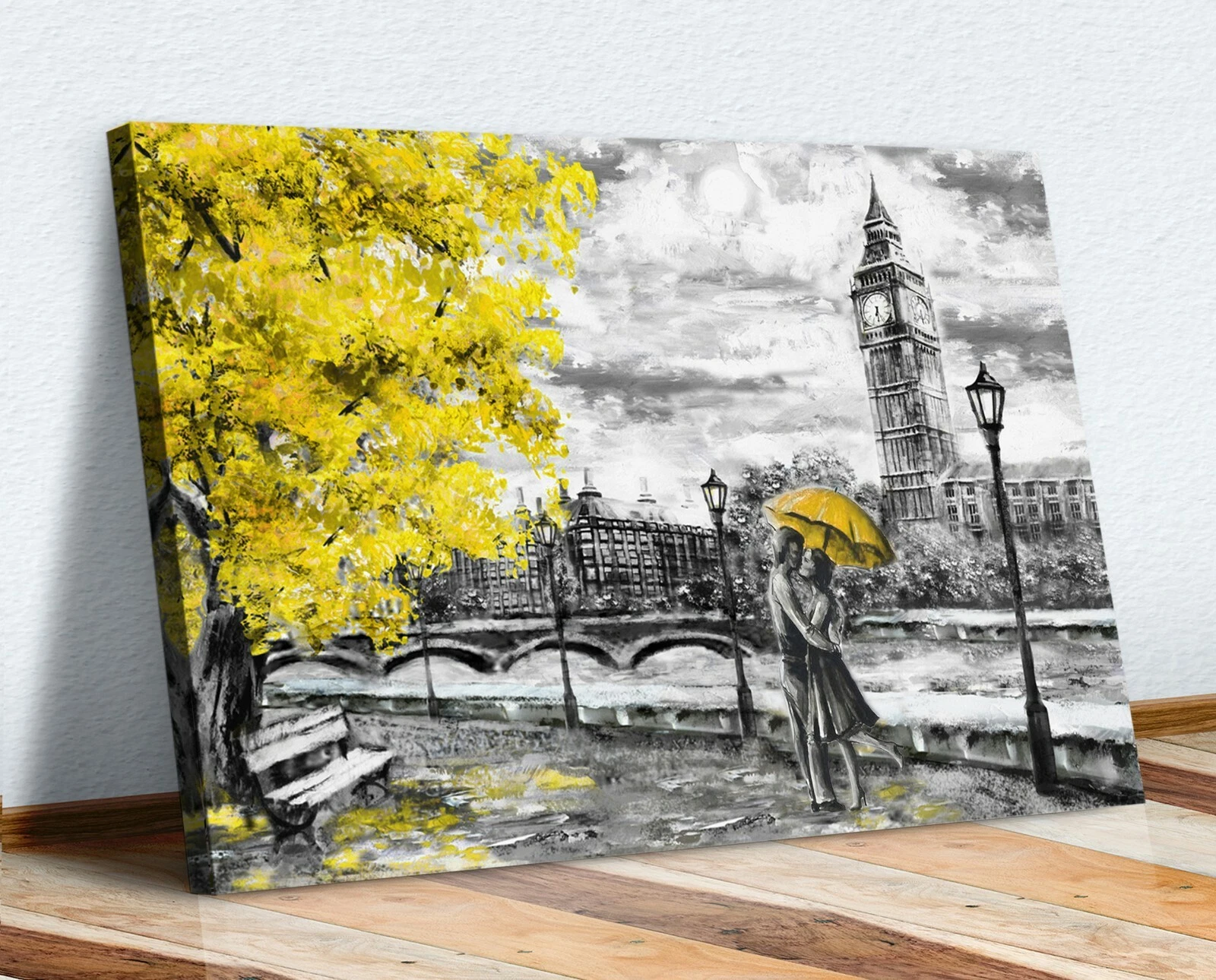 Canvas Wall Art London Big Ben Grey Yellow Umbrella Picture Painting Print