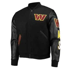 Men's Washington Commanders Letterman Black Jacket Wool Leather Sleeves Varsity