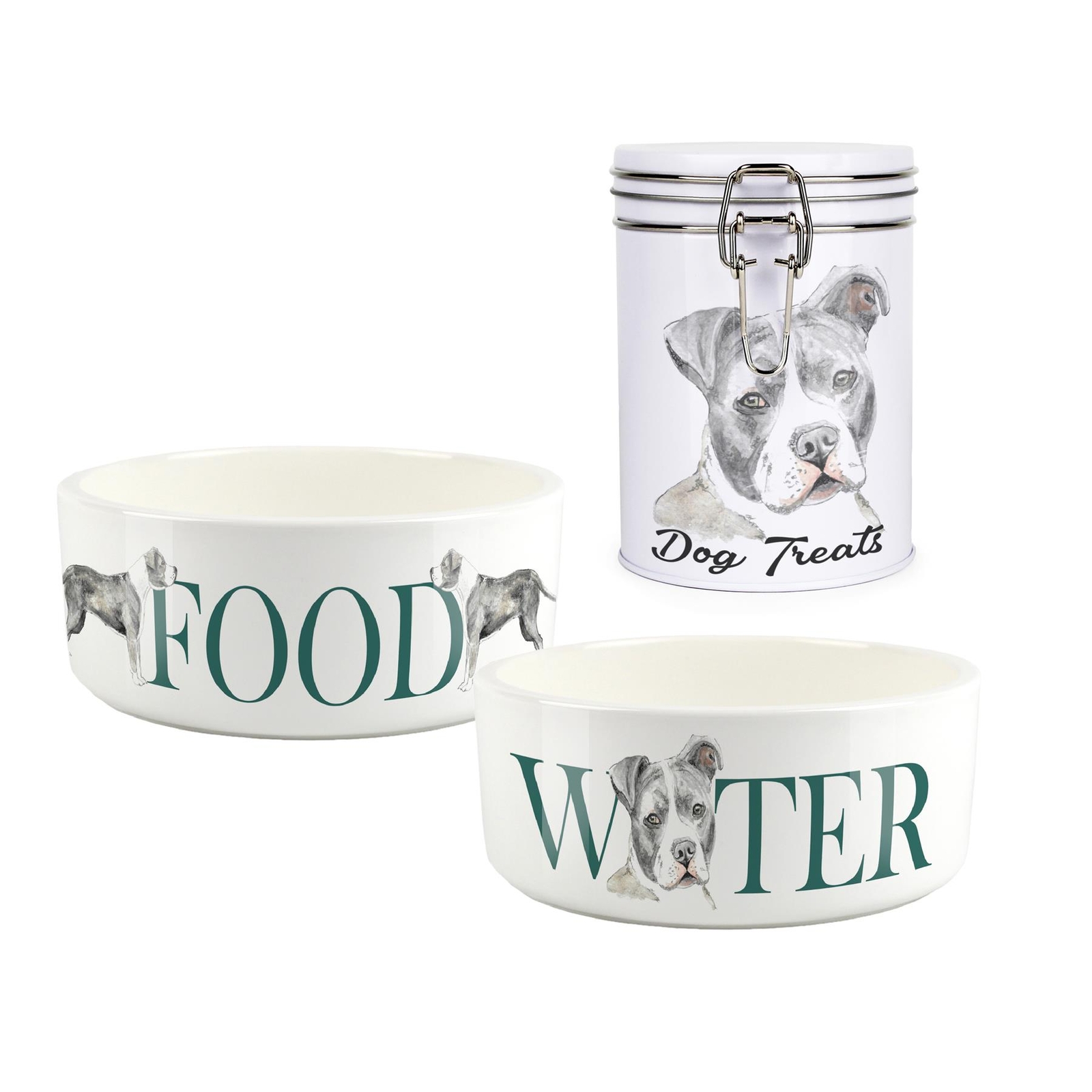 Staffy Pet Bowls & Treat Canister Set - Food/Water Gifts for Dog Owners