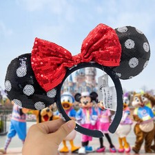 Disney. Parks Polka Dot Red Bow Minnie Mickey Mouse Black Sequin Ears Headband