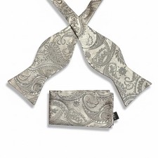 HISDERN Silk Bow Tie and Handkerchief Set Self-Tie Grey Paisley Adjustable 2   