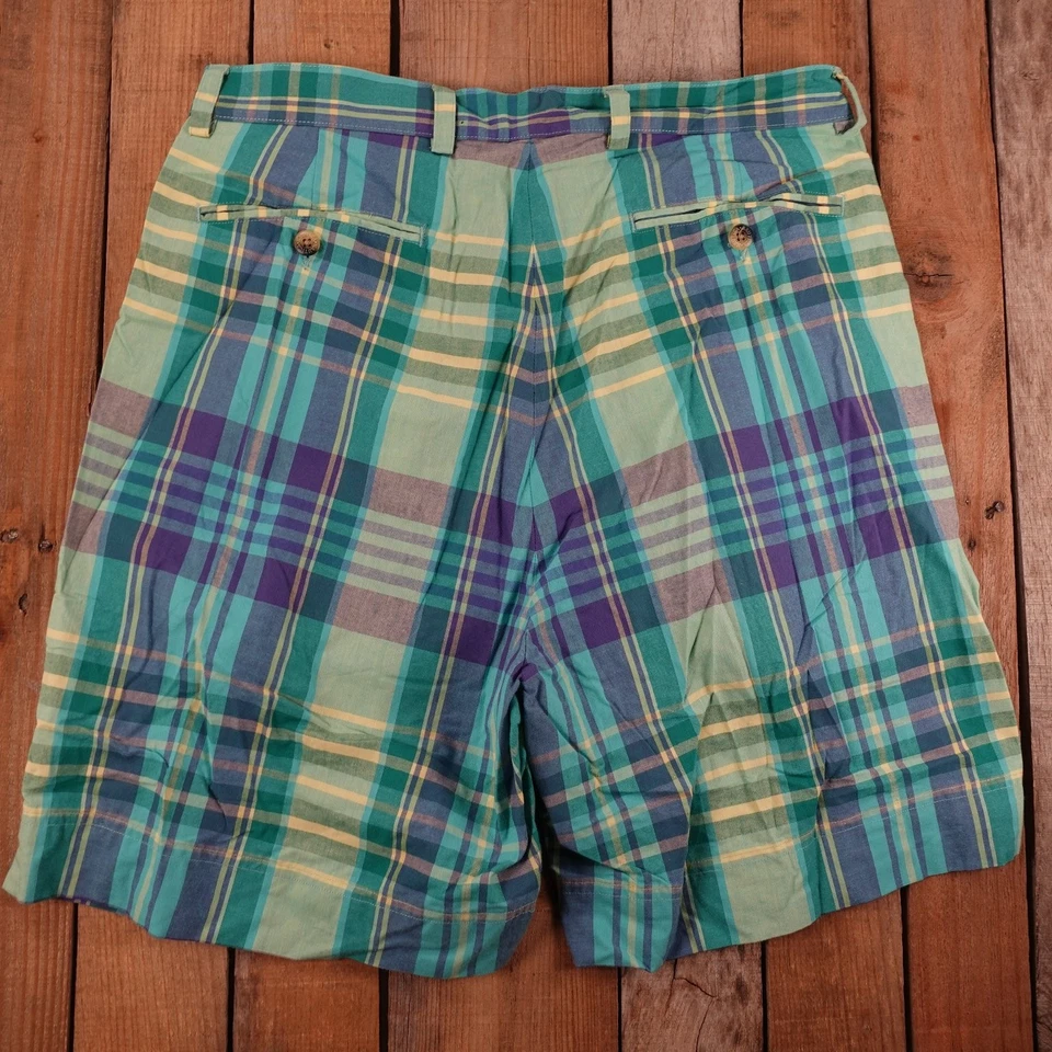 Pantalones cortos Nautica para hombre a cuadros verde amarillo púrpura talla 33 100 % algodón plisado Foto 4 de 4