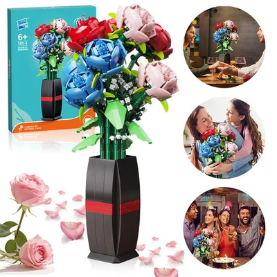 MARKENLOS Baustein Spielzeug Blumen Deko Künstliche Blumen DIY Blumenstrauß mit Vase