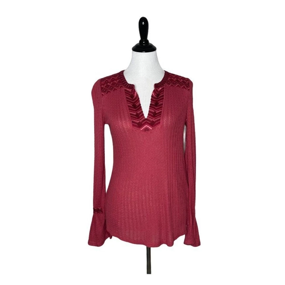 Blusa tejida de festival Boho manga acampanada XS bordada Top para mujer Lucky Brand Foto 2 de 4