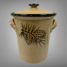 MSW Monroe Salt Works Pottery Crock Lid Canister with Pinecones & Pine Needles