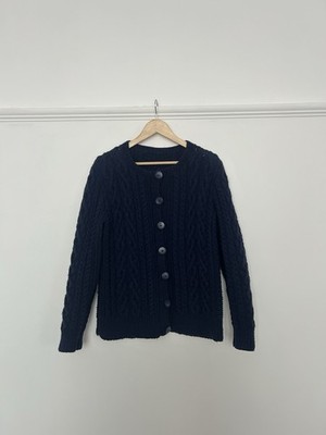Handgestrickte Marine Aran Strickjacke Zopfmuster Größe M 10-12 Wollmischung