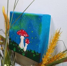 Art 4"/4" Autumn Mushrooms . Original Acrylic painting