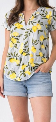 Finn & Grace Blouse Womens XS Lemon Print Short Sleeve Lightweight Summer
