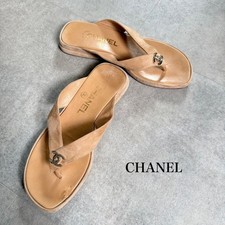Chanel Beige Suede Thong Sandals CC Logo Silver Hardware Mules 36.5 3039