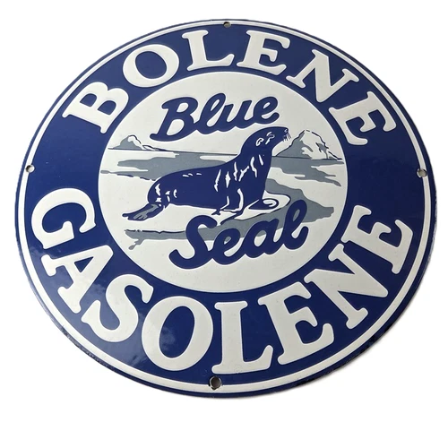 Vintage Bolene Blue Seal Gasoline Porcelain Sign - Sea Lion Logo Sign