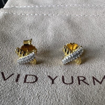 David Yurman Two Tone Cable Crossover Studs 925 Silver 18K Gold Diamond Earrings