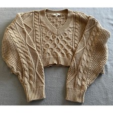 BP Nordstrom Tan Cable Knit Cropped V-Neck Sweater Small Camel Brown