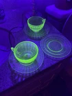 2 Sets Uranium Glass Vintage Tea Cup Saucer Green Depression Glass FEDERAL