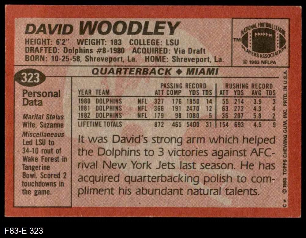 1983 Topps 323 David Woodley Dolphins DOUBLEPRINT LSU 8 NM/MT F83T