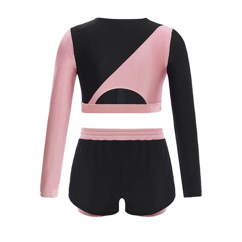 Kids Girls Suit Shirts Outfit Crop Top Set Running Cutout Back Color Block Gym - Picture 17 of 31