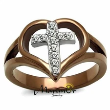 Light Coffee Stainless Steel Crystal Cross & Heart Fashion Ring Womens Sz 5-10