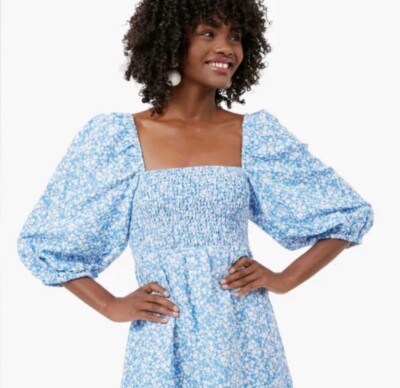 tuckernuck light blue dress - Cameran Wimberly Blooms On Broad Annie Smocked Dotted Butterflies Poplin Shirtdress length three button placket FB-gift-shop Womens dresses Color:Cornflower
