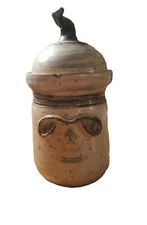 Cute VTG Pottery Crock With Lid | Face With Hat | Artist Made Unbranded 7x5in