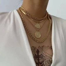 Thick Coin Pendant Necklace – Women’s Gold Color Chain Jewelry Statement Style