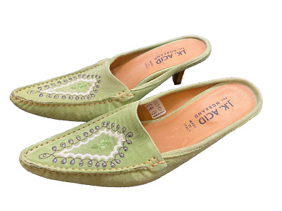 NEW J.K. ACID Heel Pumps Embroidered Lime Green Suede Leather Party Shoes 7.5/38